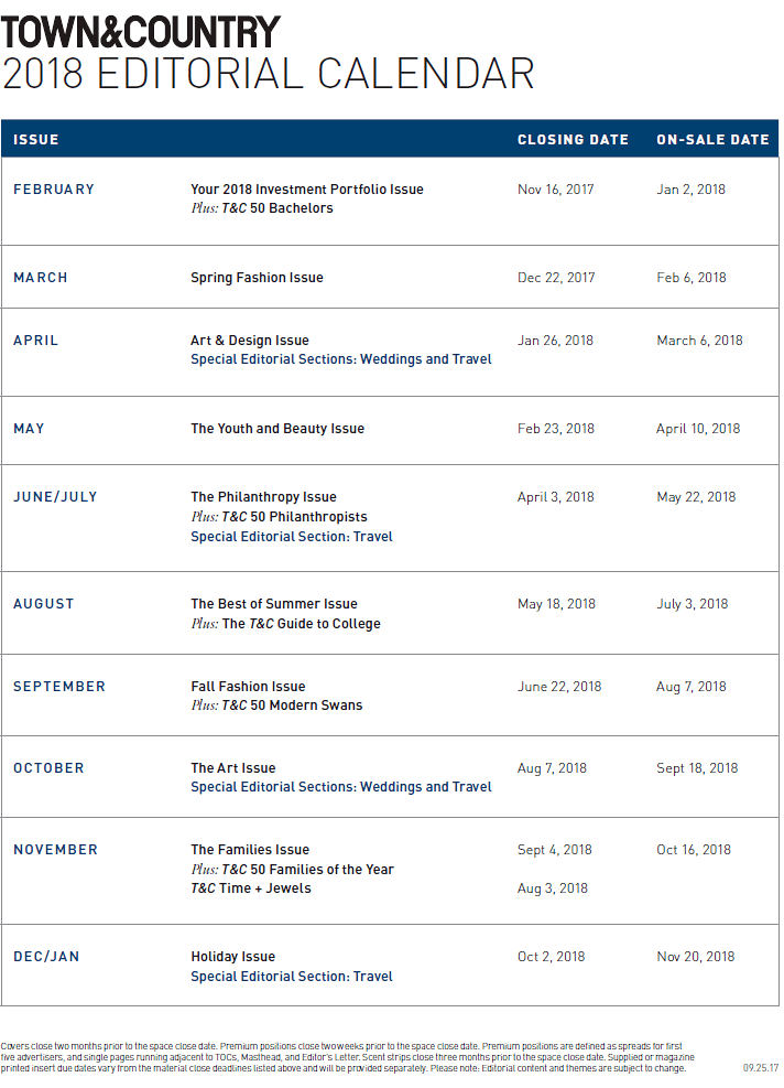 Editorial Calendar Town & Country Media Kit